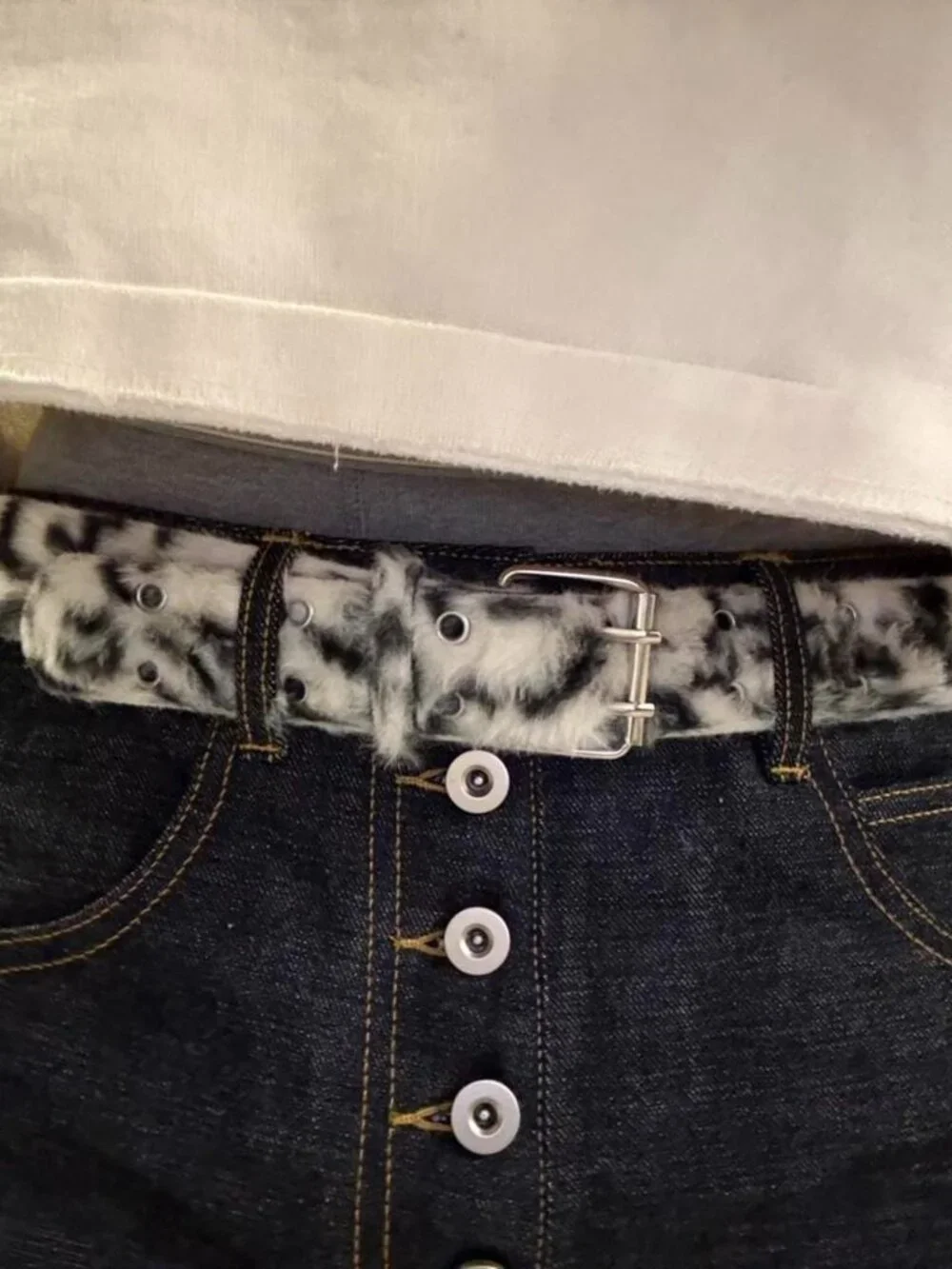 White Snow Leopard Fur Silver Roller Belt